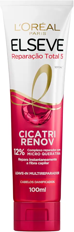 Leave-In L'Oréal Paris Elseve Reparação Total 5 Cicatri Renov, Reparação Instantânea, Desembaraço Imediato, Repara os Danos Fio a Fio, Para Todos os Tipos de Cabelo 100ml