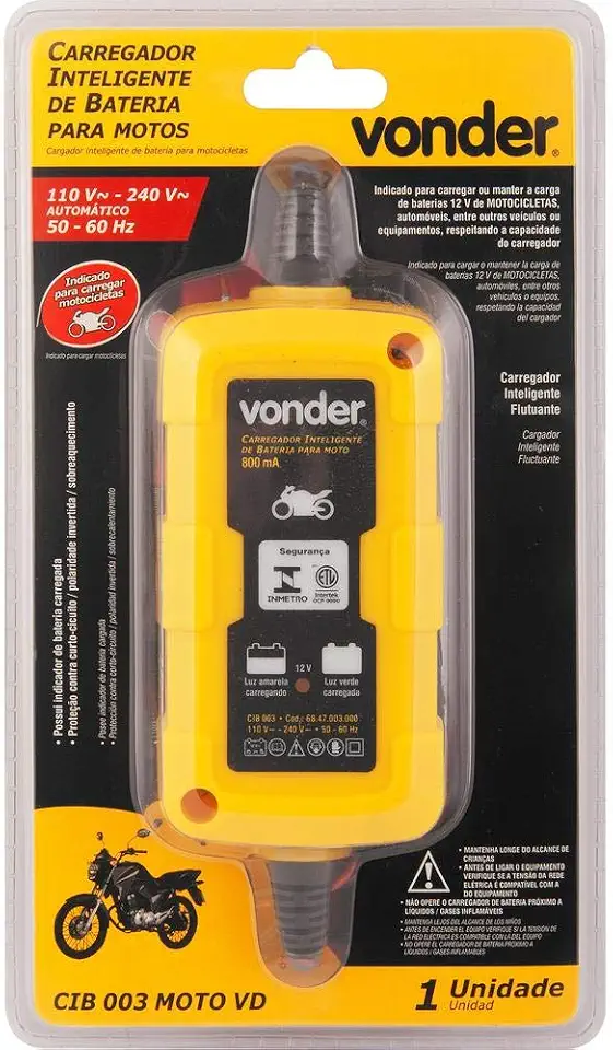 Carregador Inteligente de Bateria Para Moto, 127 V~ - 220 V~, CIB 003, Vonder.