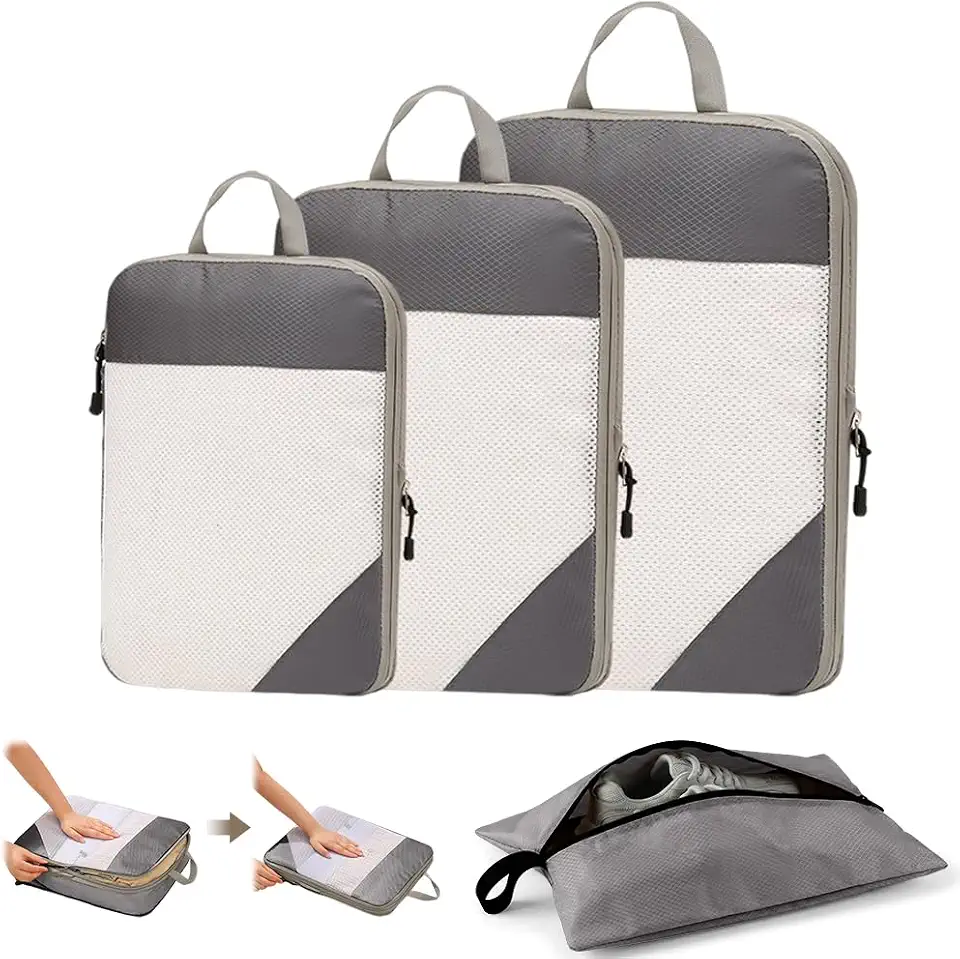 Organizador de Malas para Viagem Kit 4 Peças, Bolsas de Compressão Impermeáveis Necessaire para Sapatos e Roupas, Conjunto Organizador Completo Compacto e Prático (Cinza)
