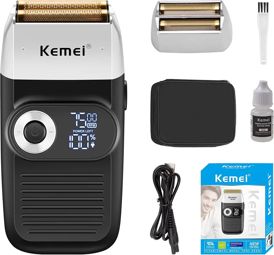 KEMEI Barbeador elétrico masculino 2 em 1, aparador careca recarregável sem fio com tela LED