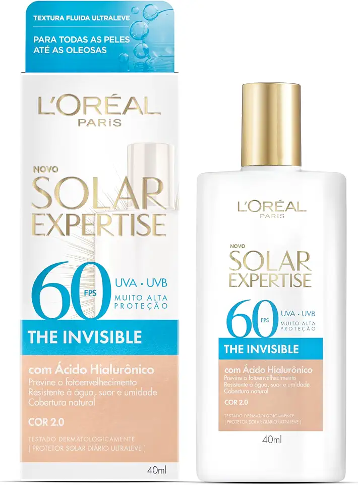 L'Oréal Paris Solar Expertise, Protetor Solar Facial The Invisible Fluido FPS60 com Ácido Hialurônico e Tecnologia NETLOCK, Alta Proteção Solar com Ação Anti Idade, Cor 2.0 40g