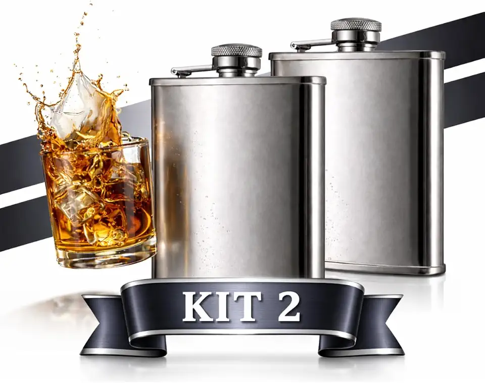 Kit 2 Cantil De Bolso Em Inox Porta Bebida Whisky Vodka 200ml Premium Prata Rum Gin Cachaça Vodca