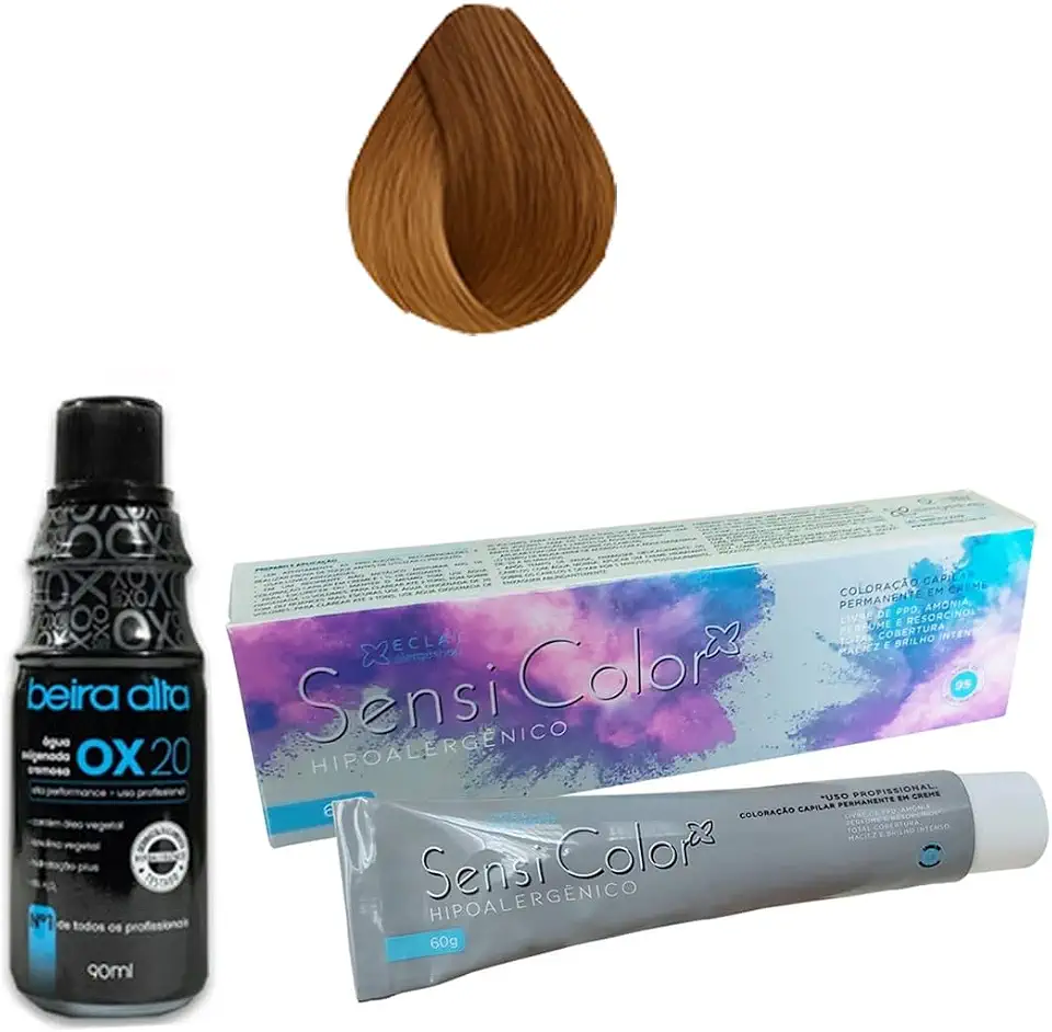Tinta Sensi Color Hipoalergênica Alergoshop 7.7 Louro Marrom Intenso + Água Oxigenada