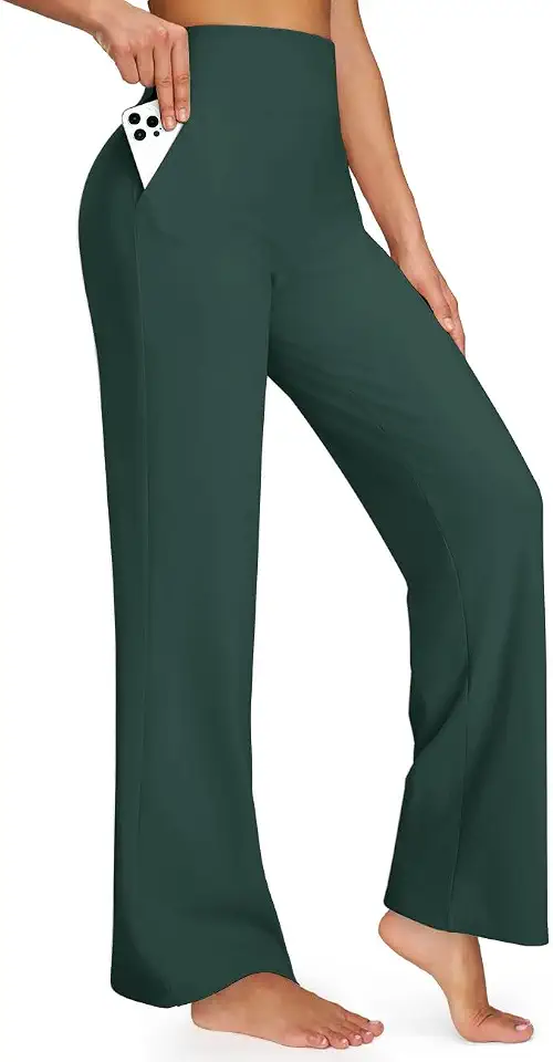 Calça de perna larga para mulheres, folgada, para ioga, com bolsos, pequena, regular/alta, elástica, casual