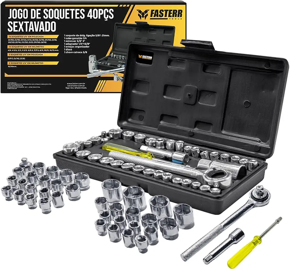 Jogo de Soquetes 40 Peças Fasterr com Chave Catraca Reversível 3/8" e 1/4" - Kit de Ferramentas Completo com Maleta para Uso Automotivo, Moto e Manutenção Doméstica