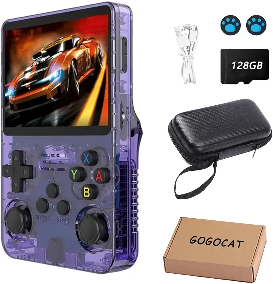 Console de jogos portátil retrô R36S, 128 GB, Arkos 2.0, 1 GB de RAM, mais de 39.000 jogos integrados, console de videogame portátil (roxo).