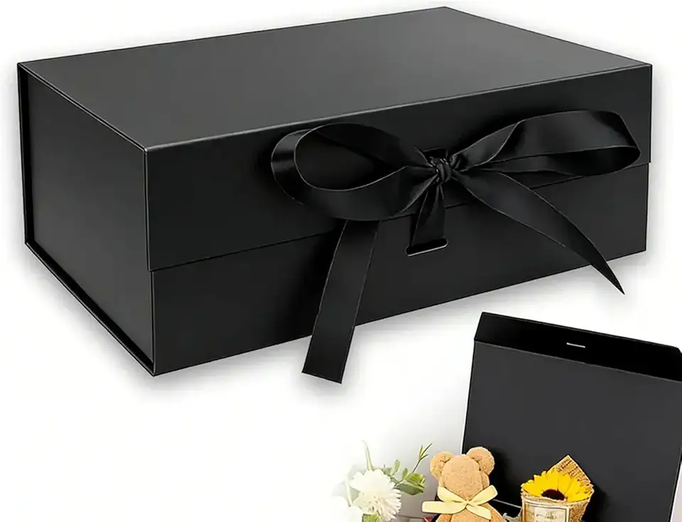 Caixa Presente Preta Dobrável 33x25x12 cm Caixa de Papel Cartão com Fita e Montagem para Embalagem de Brindes Lembrancinhas de Festas e Itens Decorativos (Grande)
