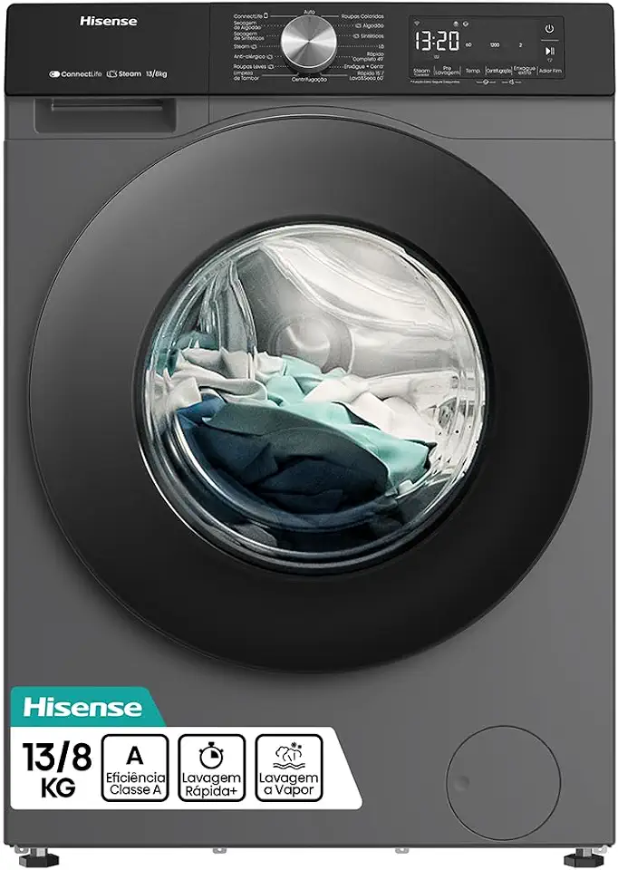 Hisense Lava e Seca, 13kg Lavagem/8kg Secagem, Wi-Fi, Steam, 13 Programas, Motor Inverter, Painel Touch, Titanium WD3S13-127V