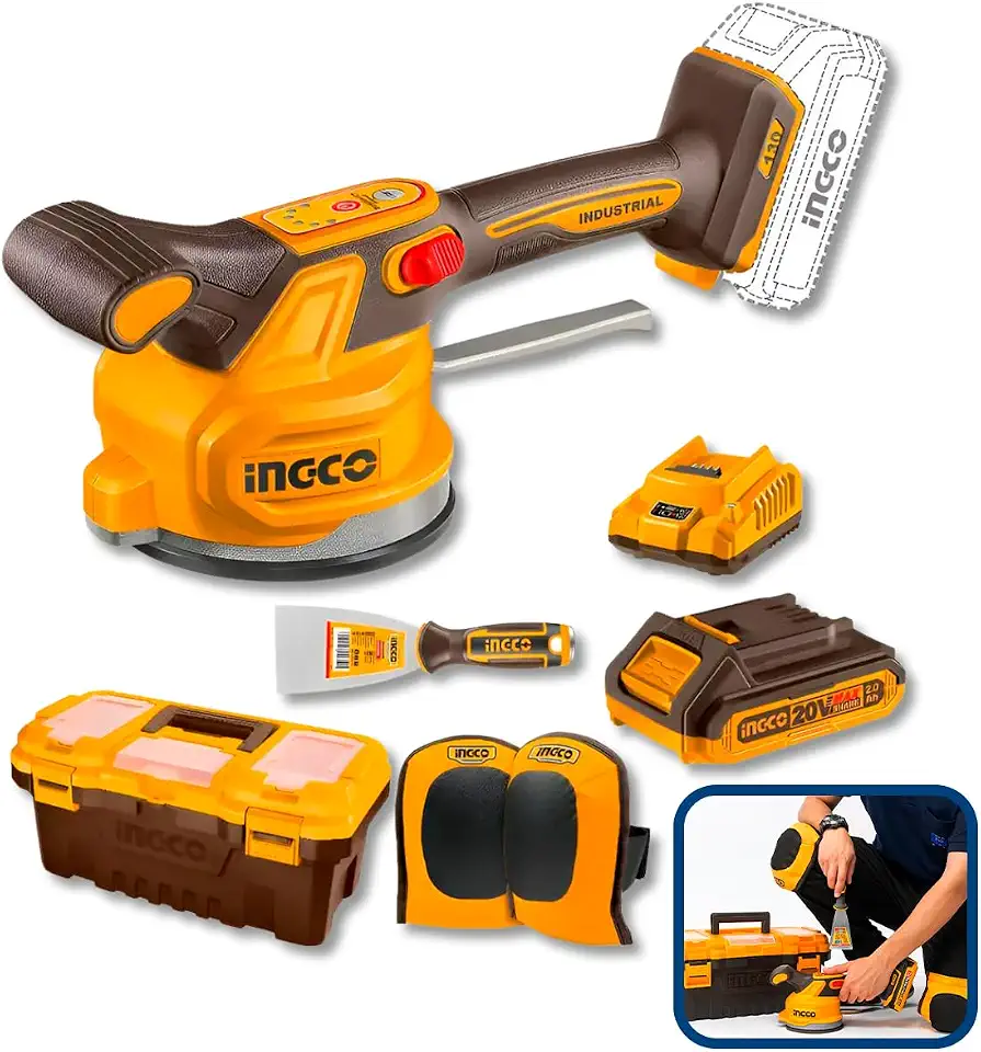 INGCO Máquina Assentadora de Piso s/ FioCTVLI20018-9 – Sistema de Ventosa Vibratória P20S + Carregador e Bat + Itens (C/ 1 BAT)