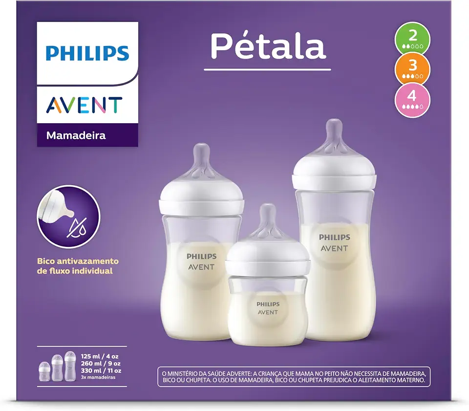 Philips Avent Kit Mamadeira Pétala, 125ml bico fluxo-lento + 260ml bico fluxo-médio + 330ml bico fluxo-rápido, SCD838/27