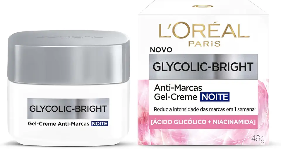 L'Oréal Paris Glycolic-Bright, Creme Anti-Marcas Noite com Ácido Glicólico e Vitamina E para Redução Visível de Marcas e Uniformização, Pele Radiante ao Acordar 49g