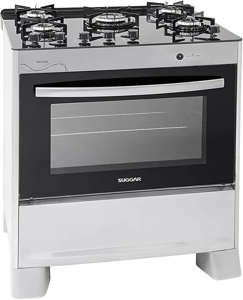 SUGGAR FOGÃO NEO GLASS PRATA MESA DE VIDRO 5 BOCAS TREMPE 6 APOIOS ACENDIMENTO AUTOMÁTICO FGVNG510PRIX
