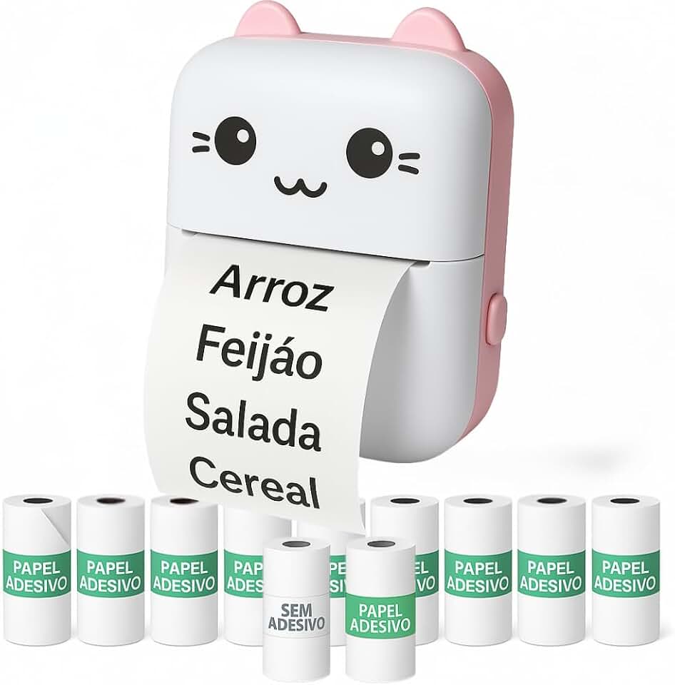 Mini impressora térmica portátil (Rosa) sem fio 200dpi + 10 rolos papel adesivo térmico e 1 rolo comum 57 * 30mm impressão bluetooth para fotos scanners, etiquetas