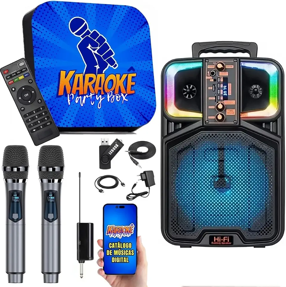 Karaoke Party Box Profissional +12000 Músicas +2 Microfones Sem Fio +Caixa De Som 2000W +Sistema Pontuação