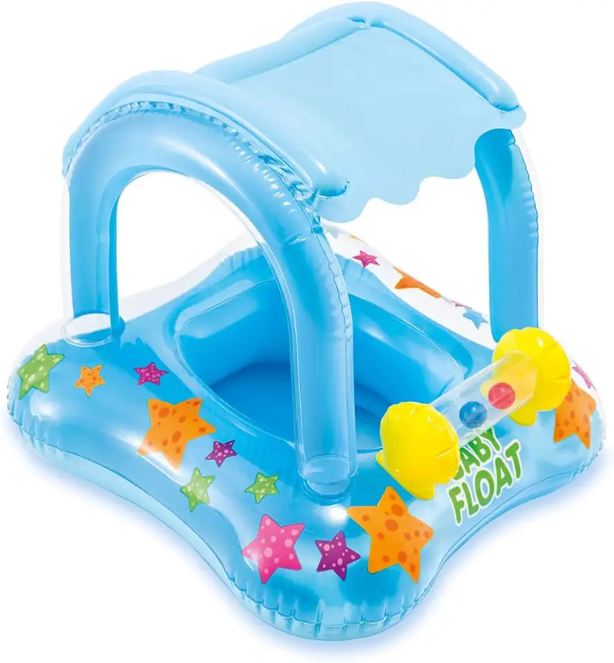 Boia Infantil Piscina Bebê Bote Inflável com Cobertura Proteção Solar para Menina e Menino Crianças 6 Meses à 3 Anos