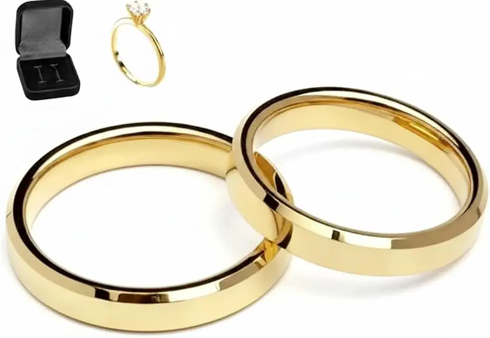 Alianças Par 4mm Ouro Reta Chanfrada Banhadas 24k com Caixa de Veludo e Anel Solitário Anatomicas Casamento Compromisso Noivado