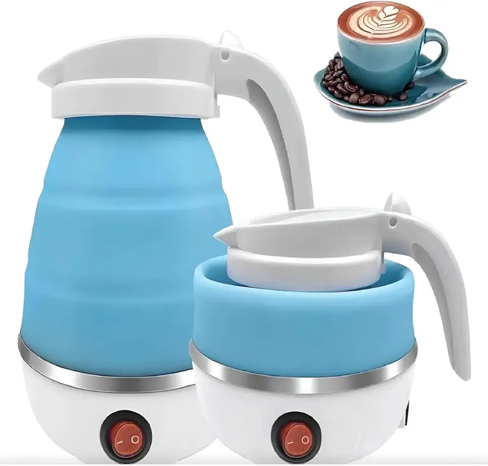Chaleira Elétrica Dobrável Portátil 0.6L, Silicone e Aço Inoxidável, Compacta para Viagem ou Acampamento, Chaleira Dobrável com Cabo de Energia