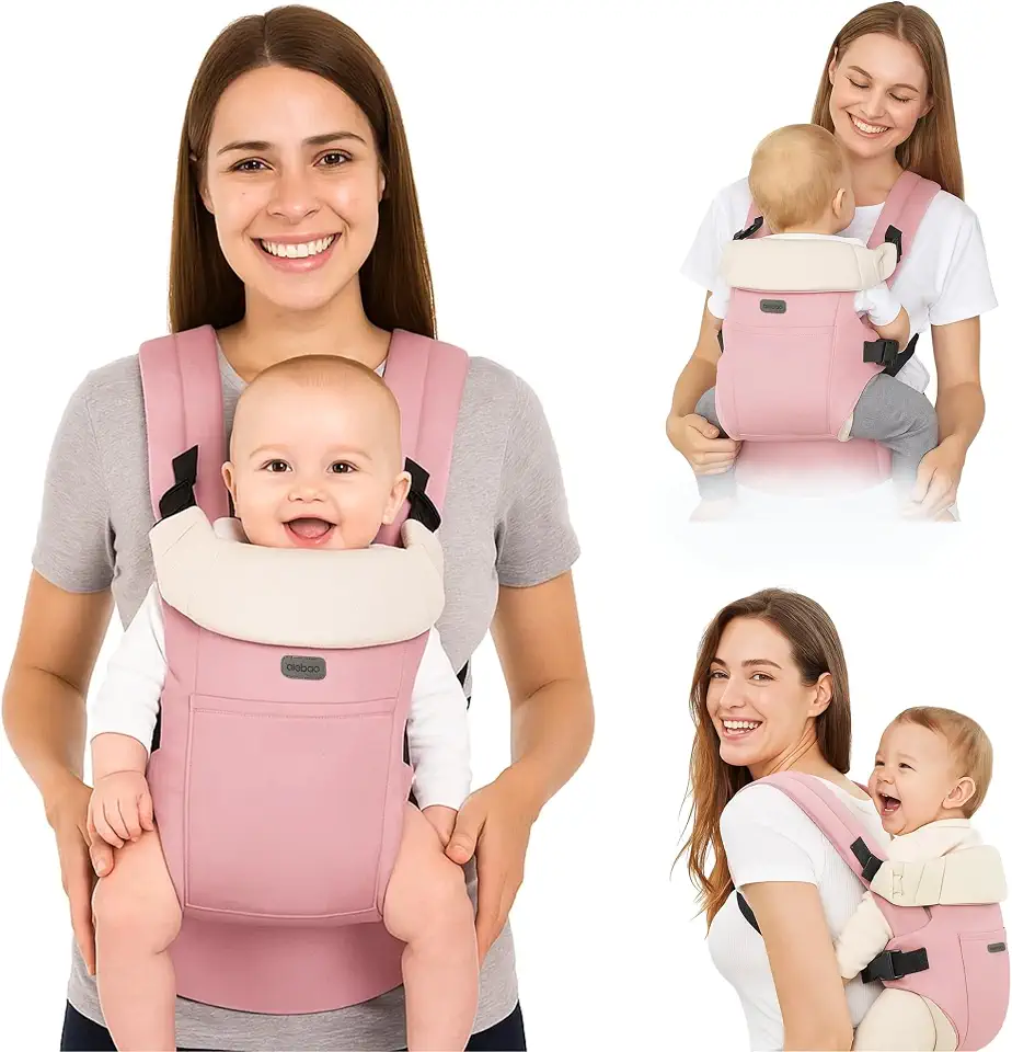AIEBAO Bolsa Carregador Para Bebê, Assento Ergonômico, 03 Modos de Uso, Apoio Lombar, Suporte de Cabeça, Bolso Frontal, Até 24 Meses, Suporta 25kg, Acolchoado, Fivelas Ajustáveis, Tecido, Rosa.