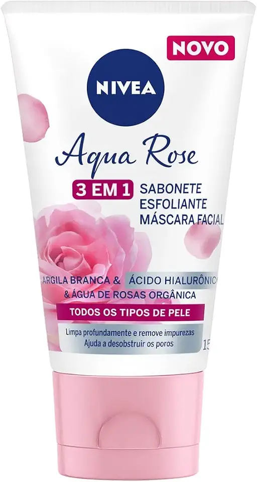 NIVEA Aqua Rose 3 em 1 150ml - Sabonete, Esfoliante e Máscara Facial - Com argila branca, ácido hialurônico e água de rosas orgânica, o sabonete tem benefícios antioxidantes e hidratantes