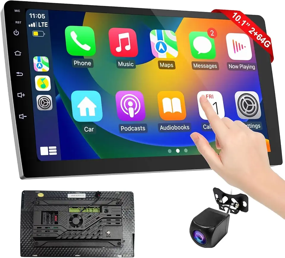 Multimídia Automotiva MP5 2+64GB,10 Polegadas Tela Full Touch 2 DIN com CarPlay e Android Auto, Bluetooth, USB, SD Card, Câmera de Ré com 12 LEDs, Controle Remoto e Volante