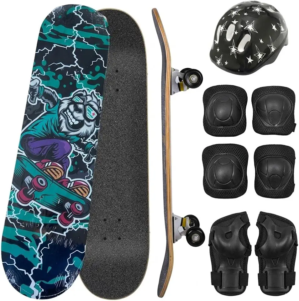 Skate Infantil Completo Com proteção, 7 Lâminas de Madeira, Design Radical com Arte em Verde e Preto, Montado com Lixa para Iniciantes