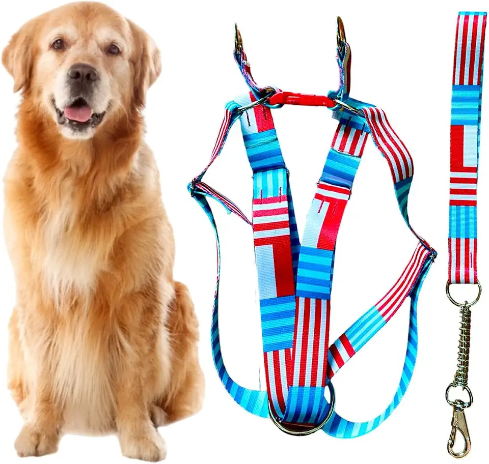 Coleira Peitoral Americano para Cachorro Médio e Grande com Guia Anti Puxão - Pitbull, Golden, Labrador, Rottweiler, Fila, Pastor Alemão, Doberman, Toni Corso (Vermelho e Azul)