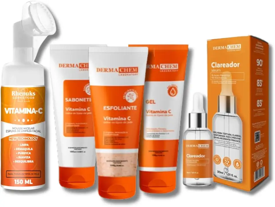 Kit Skincare Vitamina C Sabonete+Esfoliante+Gel Hidratante+Serum Clareador+Mousse Micelar Limpeza Facial anti manchas 150ml