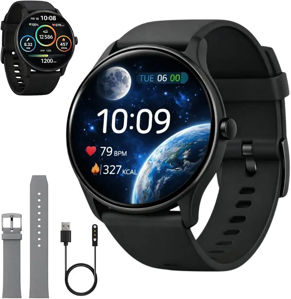 Relógio Smartwatch Redondo 2 Pulseiras - Tela HD1.28", À Prova d'Água IP68, Notificações, Modos Esportivos, Bateria Excelente duração, Compatível com iOS/Android.(Preto)