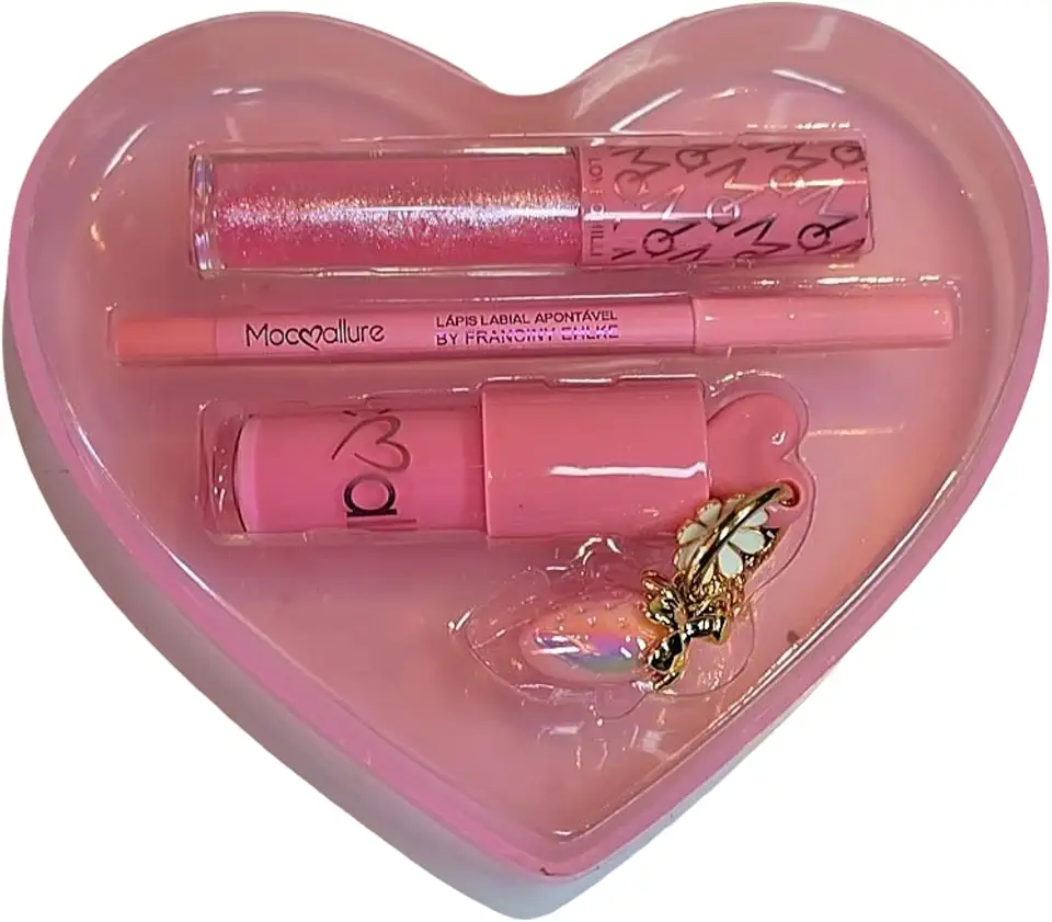 Kit de Maquiagem com Gloss Labial, Lápis Labial, Batom, Bandeja Coração Rosa, Acessório Borboleta