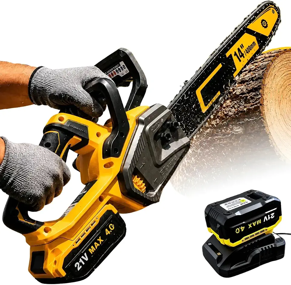 Motosserra Elétrica 14 Polegadas Profissional 21V Motor Brushless 1400W 5800 RPM Sabre 14" 355mm com Bateria 4.0Ah e Carregador Bivolt Alta Potência para Poda de Árvores e Marcenaria- JadeVic