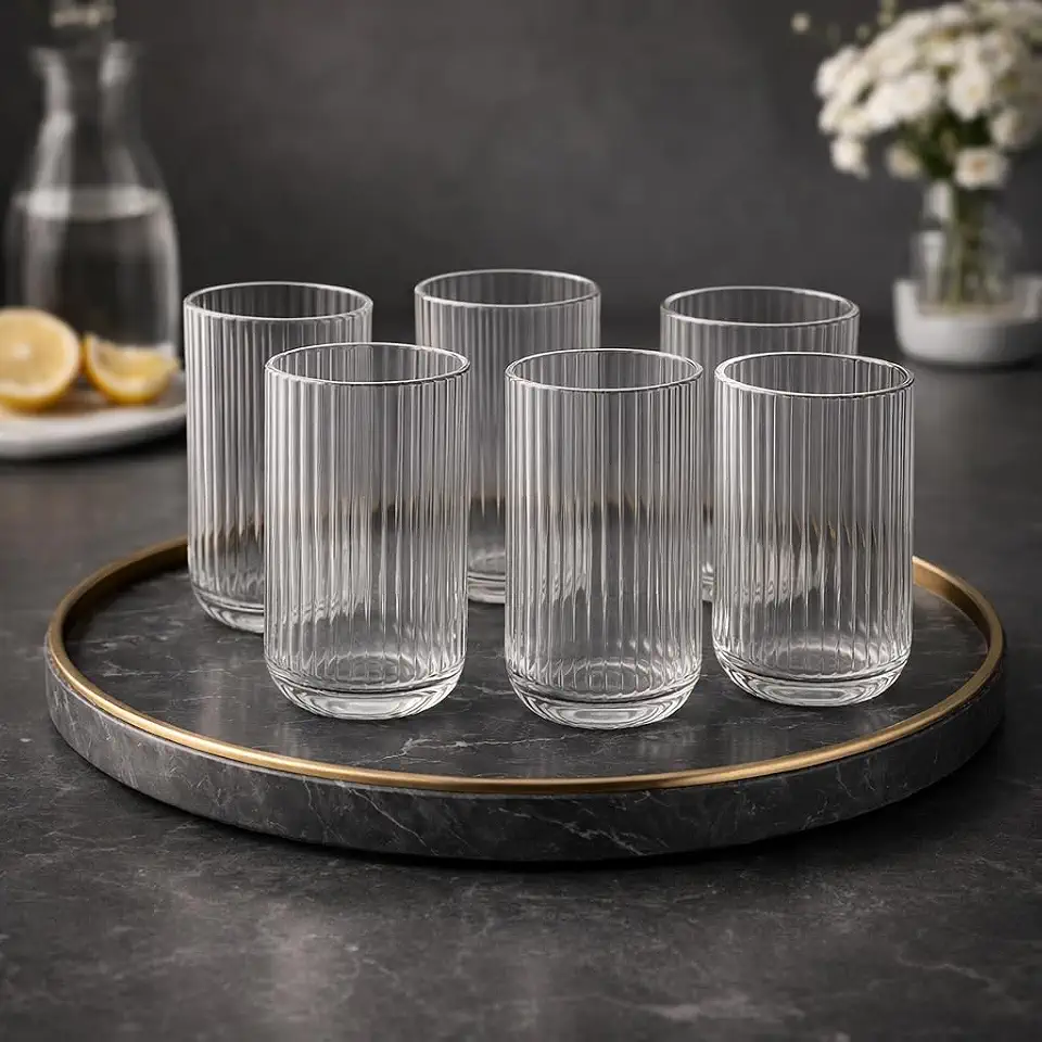 Kit 6 Copos de Vidro Canelado Transparente 430ml Design Moderno Elegante Ideal para Água Suco Drinks Whisky Refrigerante Mesa Posta Cozinha Bar Restaurante Jogo com 6 Copos Para Ambientes Elegantes