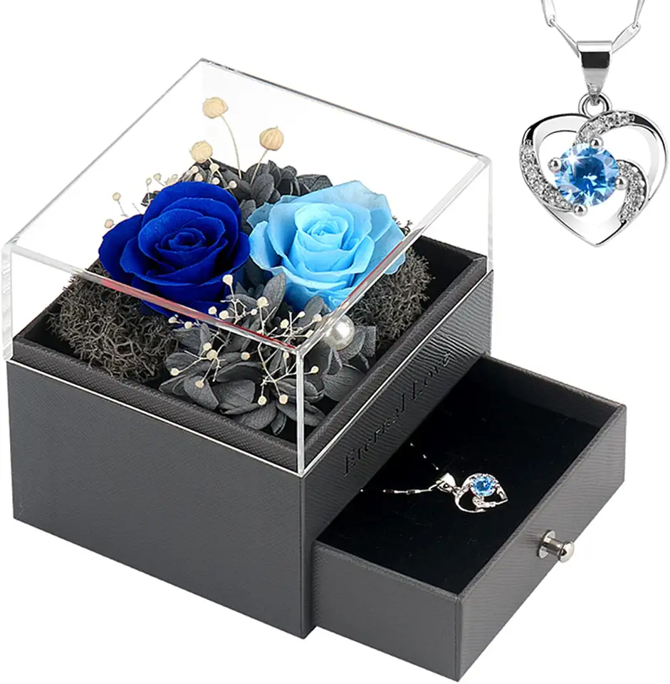 Colar de rosa eterna com coração, caixa de presente de rosa real preservada com cartão para mãe, namorada, mulheres, no Natal, Dia das Mães, aniversário, Dia dos Namorados, azul