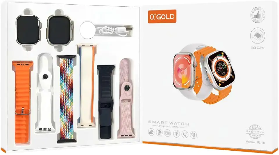 Relógio Inteligente, Smartwatch Bluetooth com Chamadas, Kit 2 Unidades e 6 Pulseiras Customizáveis, Monitor Cardíaco, Fitness, Tela Touc,h Compatível Android e iOS, Bateria Longa Duração