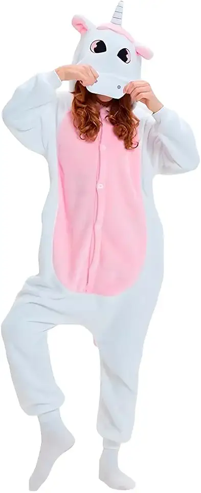 Kigurumi Masculino Roupa de Inverno Fantasia Pijama Unicornio Quentinho com Capuz Bordado Rosa Azul Roxo ou Branco