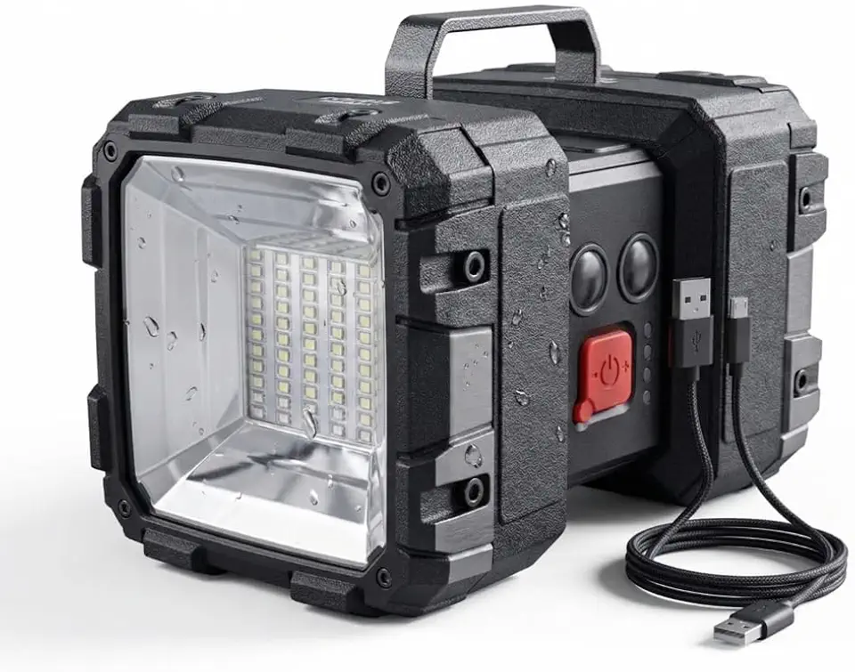 Lanterna Holofote Dupla Recarregável, 8000 mAh, Power Bank Integrado, 7 Modos de Iluminação, Bivolt, à prova d'água, para Acampamento e Uso Doméstico