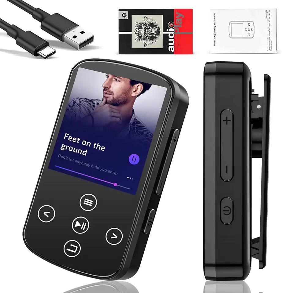Player MP3 com Clip Esportivo, Bluetooth 5.0, Tela Colorida Touch, Som 3D Surround, Bateria Recarregável, Inclui Fones, para Corrida e Academia
