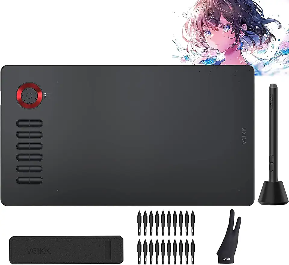 VEIKK A15Pro Mesas Digitalizadoras, Tablet com 12 teclas de atalho, 1 mostrador rápido e caneta passiva sem bateria, suporta função de inclinação, para Mac, Windows, Linux e Android OS