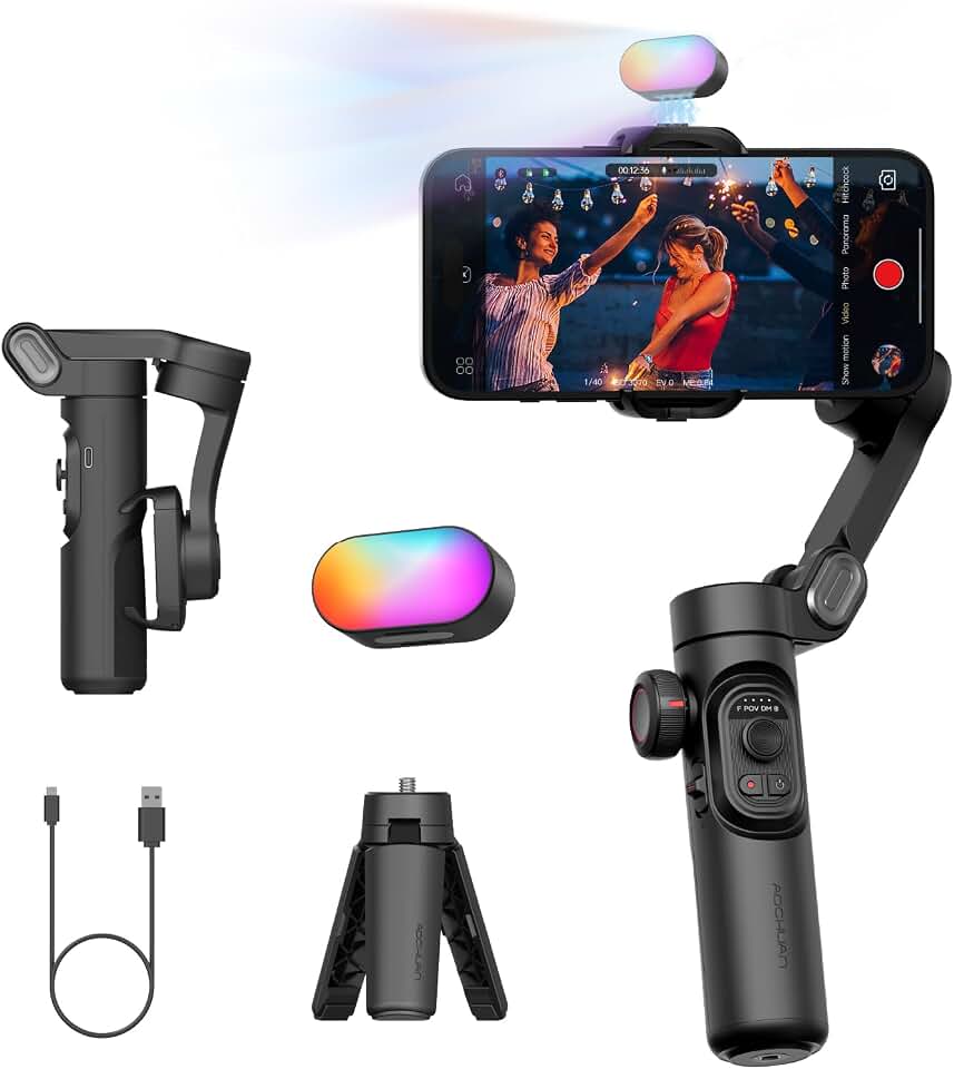 AOCHUAN Estabilizador Gimbal de 3 eixos para smartphone, Gimbal com luz de preenchimento magnético RGB, roda de foco de rastreamento facial dobrável para iPhone e Android, gimbal de gravação vlog, kit