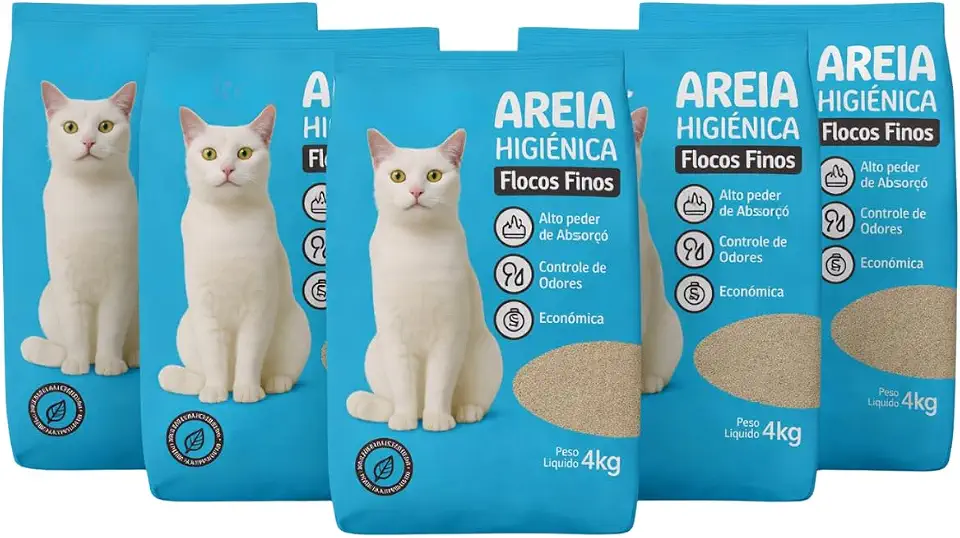 Areia Higiênica para Gatos Flocos Grão Fino Kit 20kg (5x4kg) Alto Poder de Absorção Controle de Odores Torrões Firmes Baixa Poeira Econômica Areia Sanitária para Caixa de Gato Ambiente Limpo e Seco