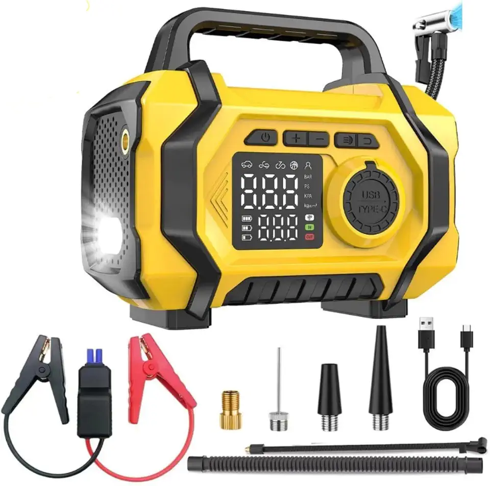 Aparelho Portátil Auxiliar Partida 9000A Compressor Ar 150PSI - Carregador de 29800mAh com Lanterna SOS