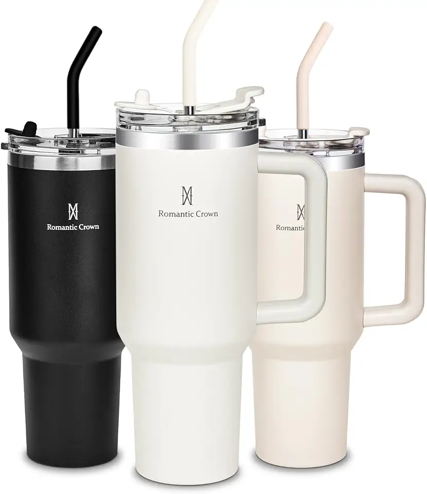 Romantic Crown Copo Térmico com Canudo Tampa e Alça 1,18L, Copos Garrafas Termico para viagem vácuo dupla camada aço inoxidável, Caneca Termica Cafe Água Chá,Presente, Fitness (Creme)