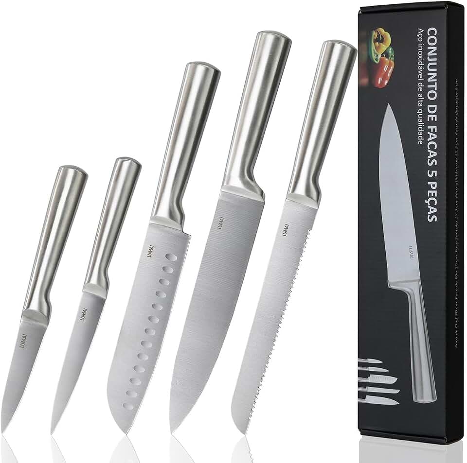 LUMAI Kit Facas Cozinha Zurich, 5 Peças Aço Inox 3CR13 Inteiriças | Robusto, Forja Prolongada para Robustez, Anti ferrugem, Ultra Afiadas e Precisão Suíça