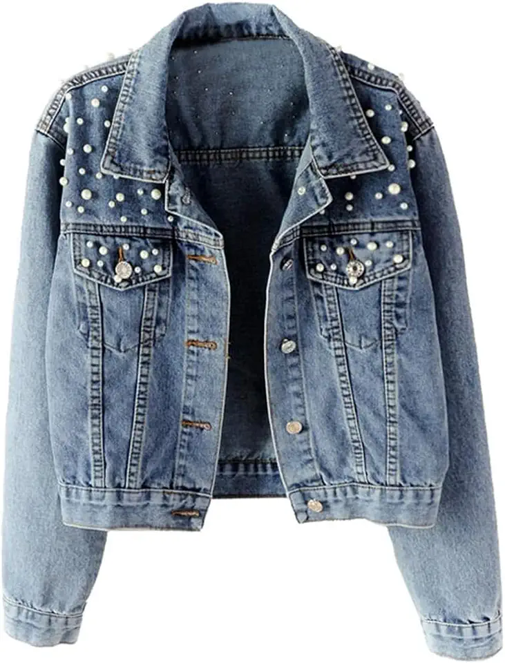 Jaqueta Jeans Oversized Feminina com Bordado e Pérolas Aplicadas