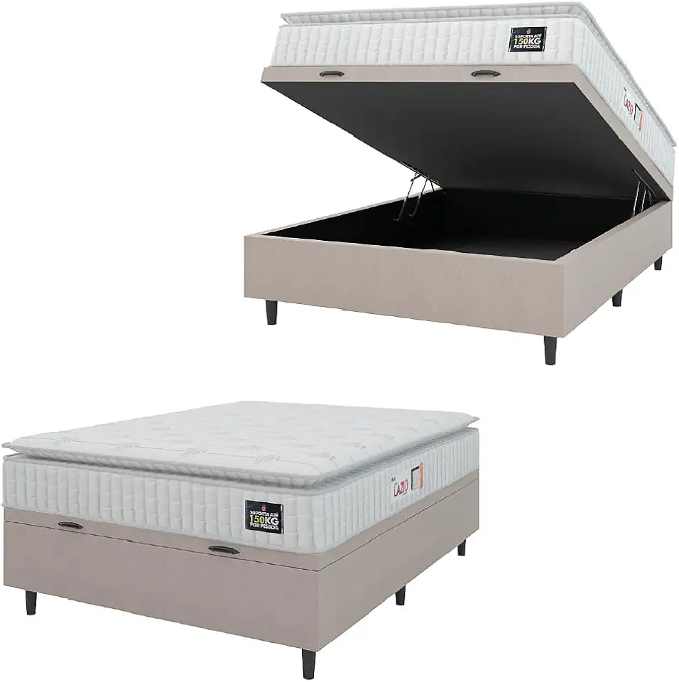 Cama Box Baú Casal Colchão Espuma D45 Lazio Pillow Top 138x188x65cm Suede Branco/Bege Hellen – Suporta Até 150 Kg Por Pessoa