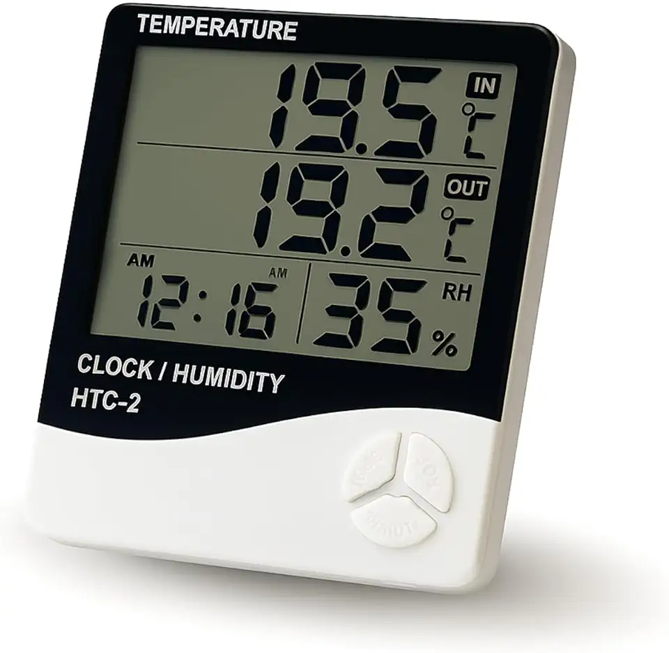 Termohigrômetro Digital com Relógio e Alarme – Monitor de Temperatura e Umidade Interno/Externo Relógio Alarme Data e Hora para Medição Ambiente Umidade do Ar Grow Cultivo Linha Premium
