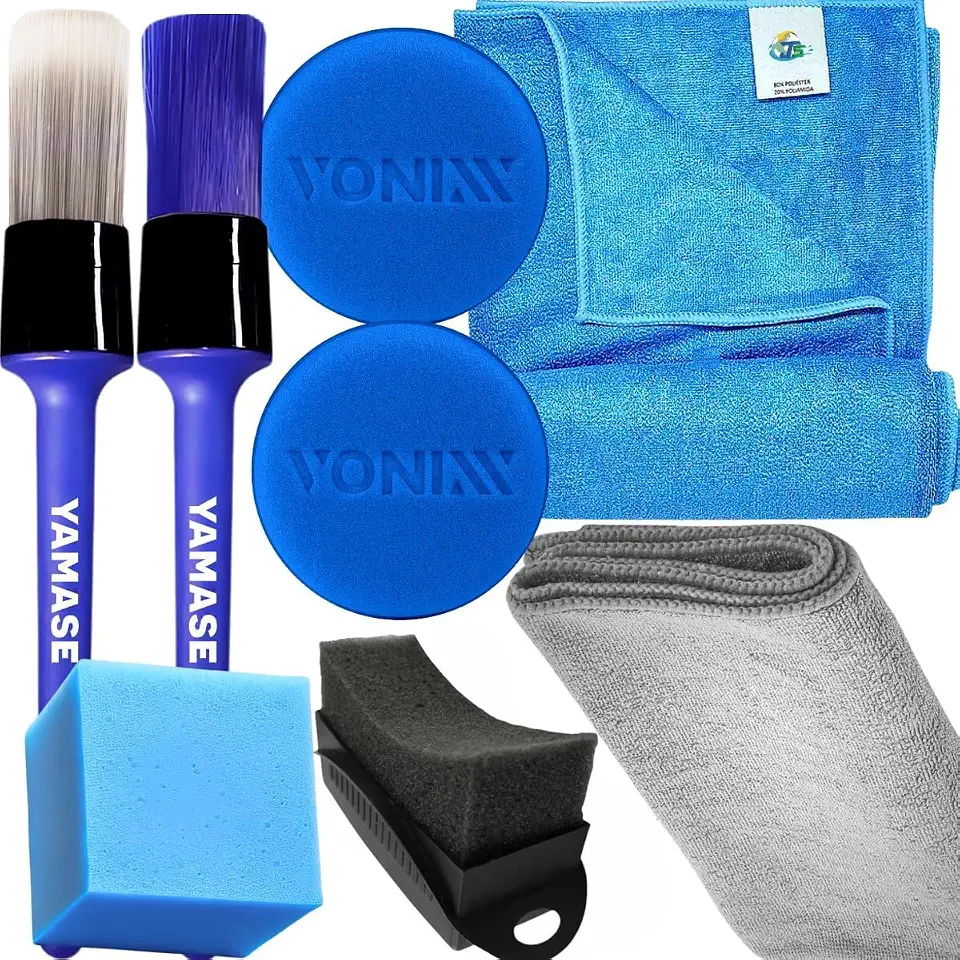 Kit Acessórios Para Detalhamento Automotivo Aplicador de Espuma Vonixx Pano Microfibra 40x40 Js Toalha Secagem 50x90 Js Pincel Yamase Aplicador de Pretinho Detailer