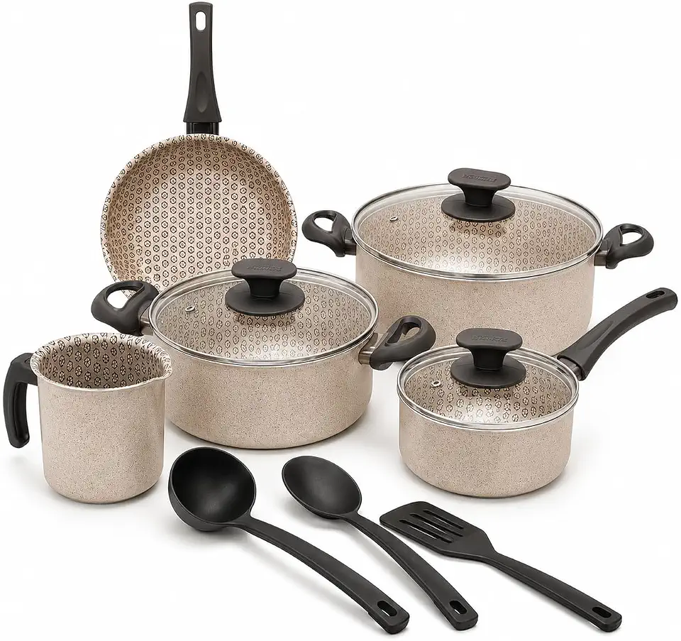 Jogo de Panelas Antiaderente 5 Peças com Tampas de Vidro + Kit 3 Utensílios de Nylon | Revestimento Antiaderente, Cabos Ergonômicos e Design Moderno (Vanilla)