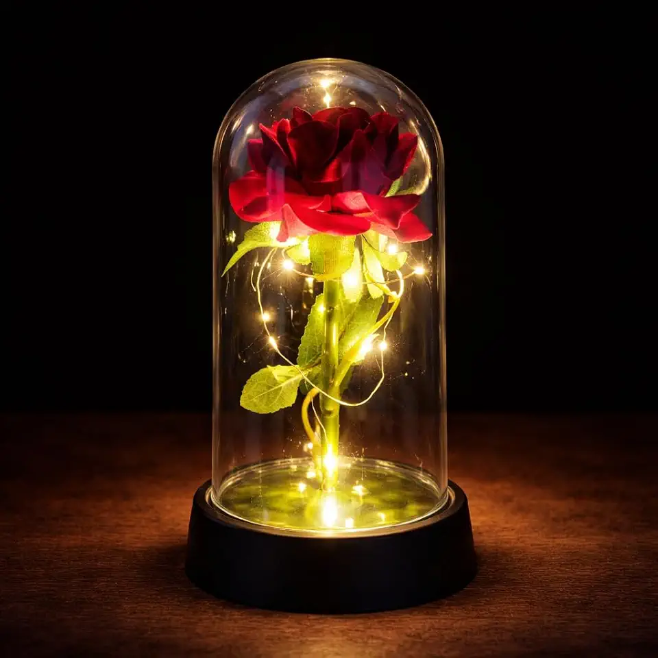 Rosa Vermelha Encantada Cúpula Acrílico LED 15cm Flor Artificial Presente Rosa Eterna A Bela e a Fera Dia das Mães Dia dos Namorados Aniversário Decoração Romântica Premium