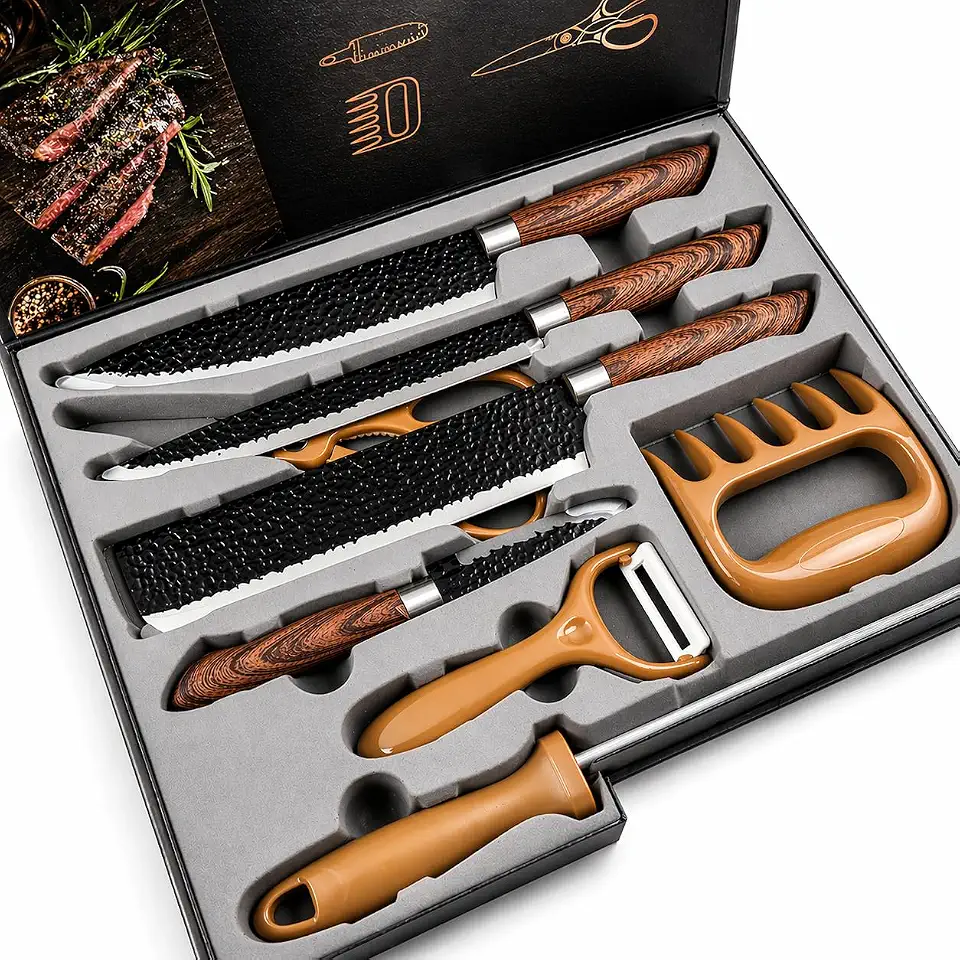 Kit Churrasco Premium 8 Peças – Conjunto Profissional de Facas Gourmet em Aço Inoxidável com Lâminas Antiaderentes e Corte Navalha – Amadeirado