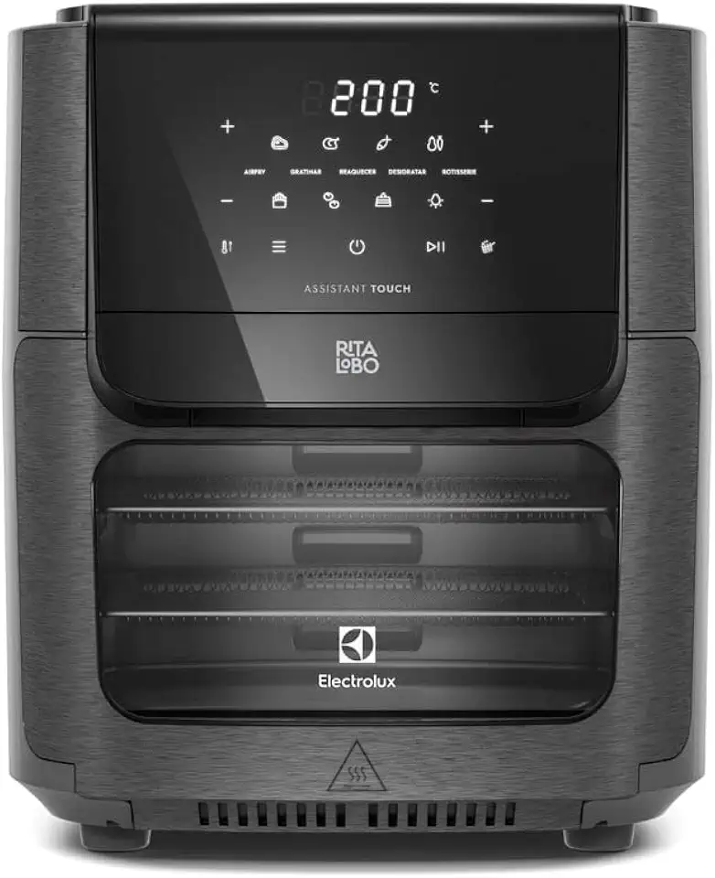 Electrolux Air Fryer Forno 5 x 1 12L 1700W Digital Espeto Giratório 2 Bandejas Antiaderentes 10 funções 7 Receitas aviso sonoro Fritadeira Elétrica sem Óleo Forno Bancada EAF90 Grafite 127V